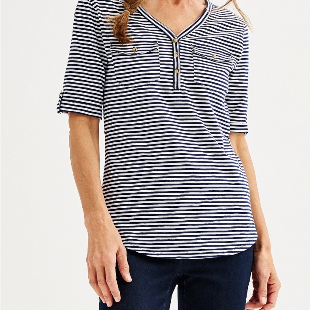 Navy and White Striped Henley Top